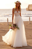 Boho White Tulle A Line Sweep Train Wedding Dress with Lace
