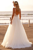 Boho White Tulle A Line Sweep Train Wedding Dress with Lace