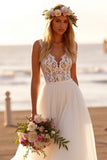 Boho White Tulle A Line Sweep Train Wedding Dress with Lace