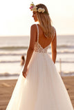 Boho White Tulle A Line Sweep Train Wedding Dress with Lace