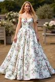 White Sweetheart A Line Sweep Train Wedding Dress with Flowers