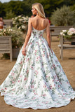White Sweetheart A Line Sweep Train Wedding Dress with Flowers
