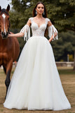 White A Line Tulle Boho Sweep Train Wedding Dress with Lace