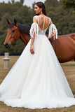 White A Line Tulle Boho Sweep Train Wedding Dress with Lace