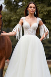 White A Line Tulle Boho Sweep Train Wedding Dress with Lace
