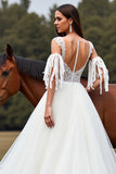 White A Line Tulle Boho Sweep Train Wedding Dress with Lace