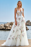 White A Line Tulle Boho Sweep Train Wedding Dress with Appliques