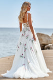 White A Line Tulle Boho Sweep Train Wedding Dress with Appliques
