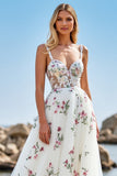 White A Line Tulle Boho Sweep Train Wedding Dress with Appliques