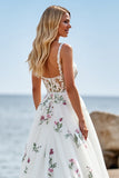White A Line Tulle Boho Sweep Train Wedding Dress with Appliques