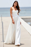 White Square Neck A Line Boho Sweep Train Wedding Dress