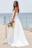 White Square Neck A Line Boho Sweep Train Wedding Dress
