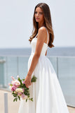 White Square Neck A Line Boho Sweep Train Wedding Dress