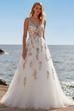 A Line White Tulle Spaghetti Straps Embroidered Boho Sweep Train Wedding Dress