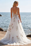 A Line White Tulle Spaghetti Straps Embroidered Boho Sweep Train Wedding Dress