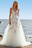 A Line White Tulle Spaghetti Straps Embroidered Boho Sweep Train Wedding Dress