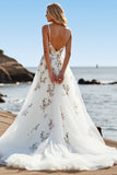A Line White Tulle Spaghetti Straps Embroidered Boho Sweep Train Wedding Dress