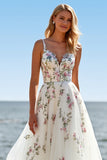 A Line White Tulle Spaghetti Straps Embroidered Boho Sweep Train Wedding Dress