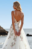 A Line White Tulle Spaghetti Straps Embroidered Boho Sweep Train Wedding Dress