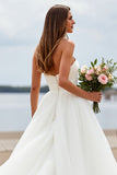 White Sweetheart Tulle A Line Boho Sweep Train Wedding Dress