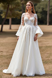 White A Line Flare Sleeves Boho Sweep Train Wedding Dress with Appliques