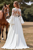 White A Line Flare Sleeves Boho Sweep Train Wedding Dress with Appliques
