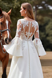 White A Line Flare Sleeves Boho Sweep Train Wedding Dress with Appliques