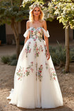 Off the Shoulder White Tulle A Line Embroidered Sweep Train Wedding Dress
