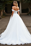 White A Line Tulle Boho Sweep Train Wedding Dress with Lace Appliques