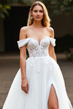 White A Line Tulle Boho Sweep Train Wedding Dress with Lace Appliques