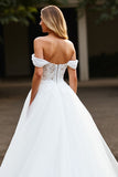 White A Line Tulle Boho Sweep Train Wedding Dress with Lace Appliques
