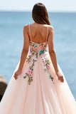 A Line Blush Spaghetti Straps Tulle Boho Sweep Train Boho Wedding Dress with Appliques