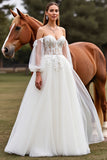 White Off the Shoulder Lantern Sleeves Boho Sweep Train Wedding Dress with Lace