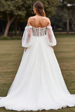 White Off the Shoulder Lantern Sleeves Boho Sweep Train Wedding Dress with Lace