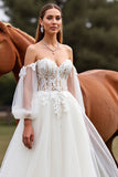 White Off the Shoulder Lantern Sleeves Boho Sweep Train Wedding Dress with Lace