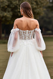 White Off the Shoulder Lantern Sleeves Boho Sweep Train Wedding Dress with Lace