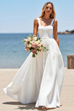 White A Line Square Neck Sleeveless Boho Sweep Train Wedding Dress