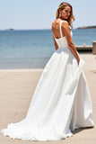White A Line Square Neck Sleeveless Boho Sweep Train Wedding Dress