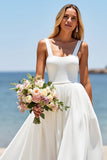 White A Line Square Neck Sleeveless Boho Sweep Train Wedding Dress