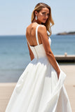 White A Line Square Neck Sleeveless Boho Sweep Train Wedding Dress