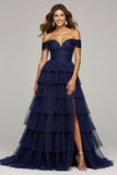 Navy Off The Shoulder Tiered Long Prom Dress With Slit