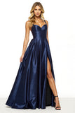 Navy A Line Spaghetti Straps Long Prom Dress With Slit