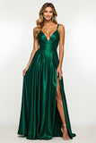 Dark Green A Line Long Prom Dress With Slit