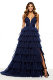 Tiered A Line Long Navy Prom Dress