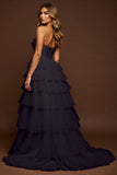 Black Tiered A Line Strapless Prom Dress With Slit