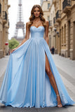 Blue A Line Sweetheart Long Prom Dress With Slit