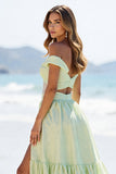 Green Off The Shoulder Appliqued Long Prom Dress With Slit