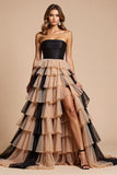 Black Pink A Line Strapless Tiered Prom Dress