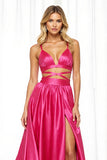 A Line Spaghetti Straps Long Fuchsia Prom Dress With Slit
