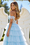 Blue Off The Shoulder Tiered Prom Dress With Slit